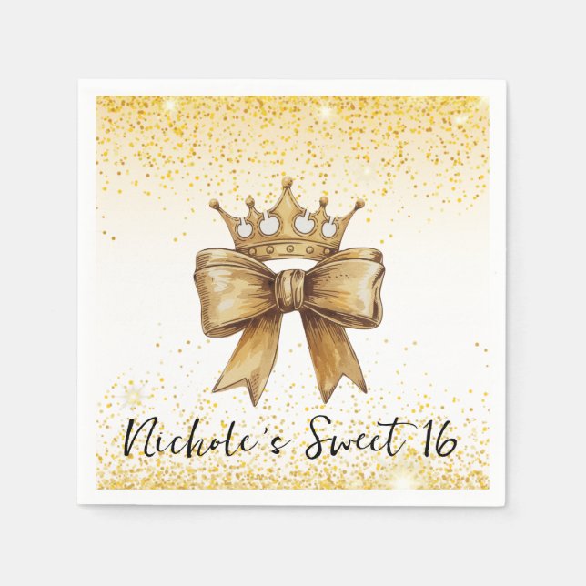 Golden Elegance: Sweet 16 Krona & Bow Glitter Pappersservett (Framsidan)