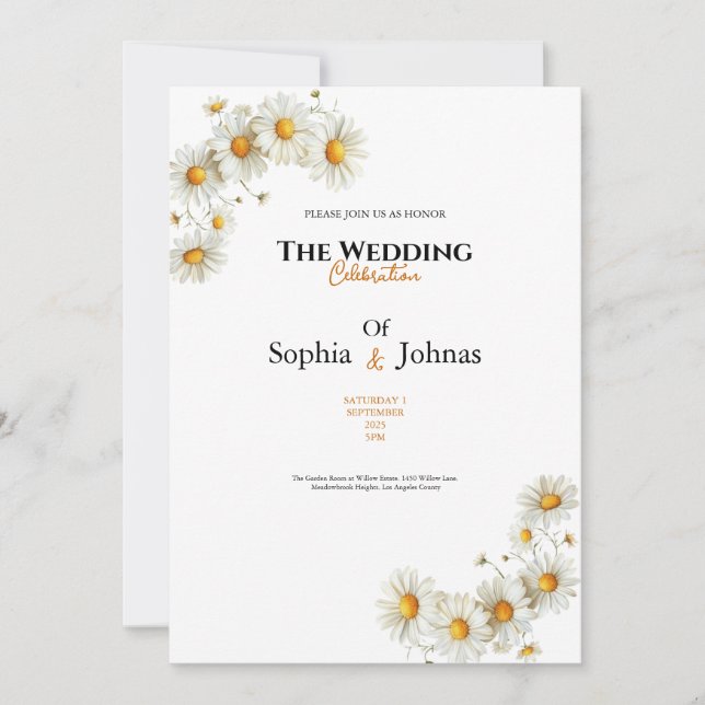 golden elegant daisy flower wedding invitation inbjudningar (Framsida)