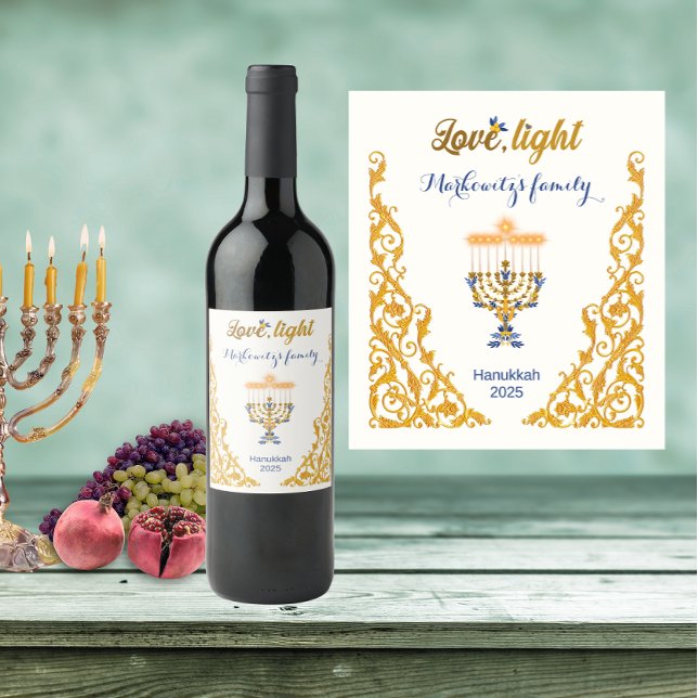 Golden Elegant Hanukkah Menorah Family Name Vinflaska Etikett (Skapare uppladdad)