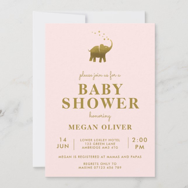Golden Elephant  Rosa Baby Shower Inbjudningar (Framsida)
