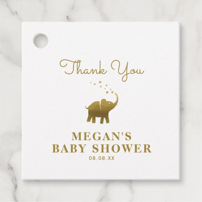 Golden Elephant White Baby Shower Tack Gåvor Etiketter (Framsida)