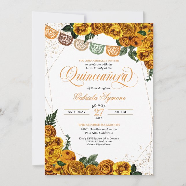 Golden ellow Ro Papel Picado Fiesta Quinceañera Inbjudningar (Framsida)