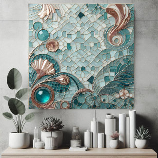 Golden Embellishment Aqua Blue Bubbles Mosaic Cool Kakelplatta