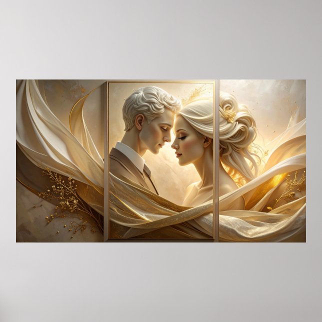 Golden Embrace: Ethereal Couple Portrait in Silk a Poster (Framsidan)