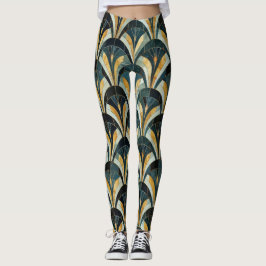 Golden Emerald Art Deco Fläkt Patterned Leggings