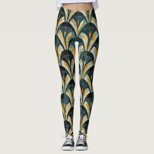 Golden Emerald Art Deco Fläkt Patterned Leggings