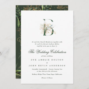 Golden Emerald Eucalyptus Monogram Bröllop bjudand Inbjudningar