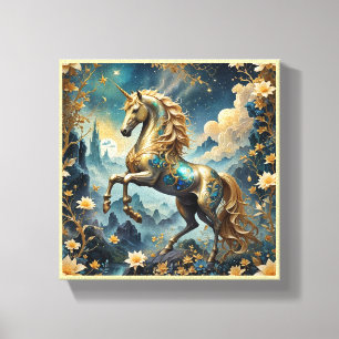 Golden Enchanted Unicorn Fantasy Stretched Canvas