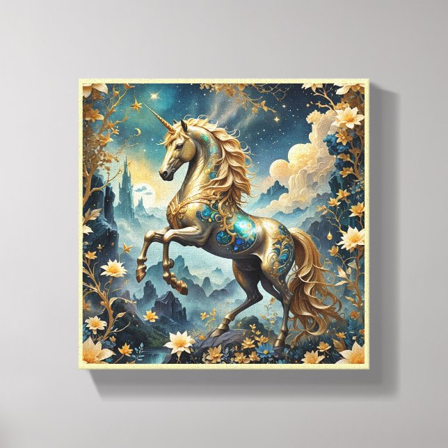 Golden Enchanted Unicorn Fantasy Stretched Canvas (Framsida)