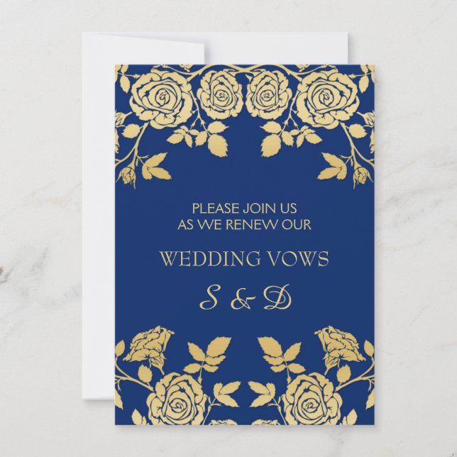 Golden English rosor on blue Vow Renewal Inbjudningar (Framsida)