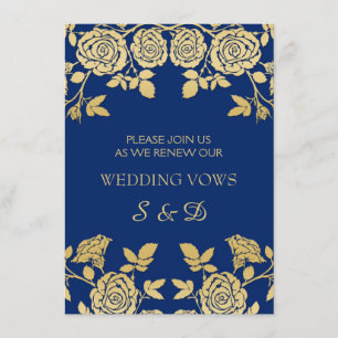 Golden English rosor on blue Vow Renewal Inbjudningar