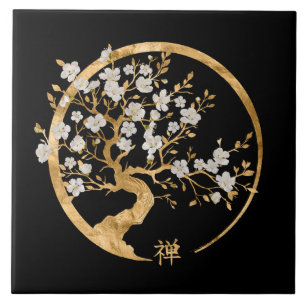 Golden Enso Zen Circle Sakura träd Kakelplatta