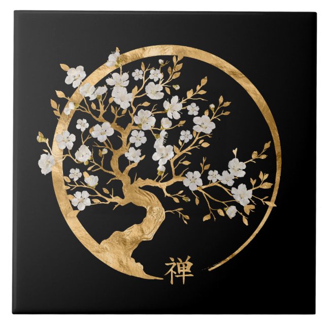 Golden Enso Zen Circle Sakura träd Kakelplatta (Framsidan)