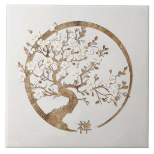 Golden Enso Zen Circle Sakura träd Kakelplatta