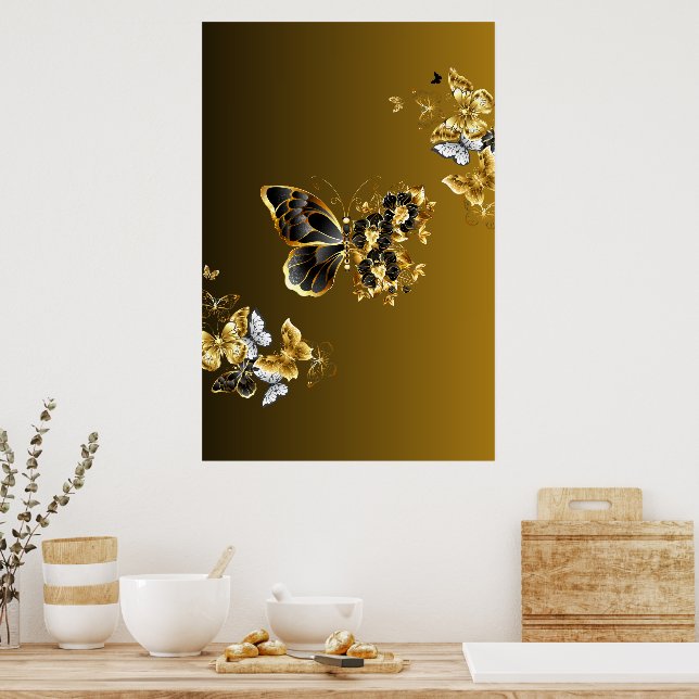 Golden Euphony - Black and Guld Butterfly Art Poster (Kök)