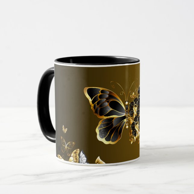 Golden Euphony – Svart & Guld Fjärilskonst Mugg (Framsida vänster)