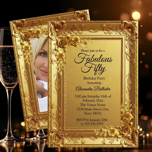 Golden Fabulous Elegant Birthday Photo Gold Floral Inbjudningar (Skapare uppladdad)