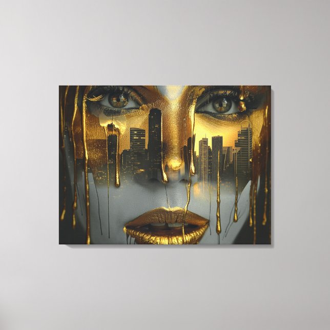 Golden Face Surrealist City Urban Digital Art Canvastryck (Framsida)
