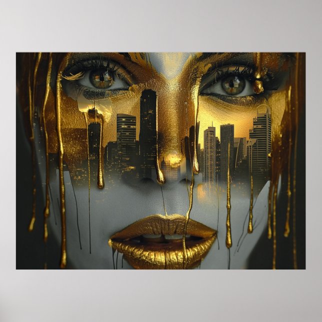 Golden Face Surrealist City Urban Digital Art Poster (Framsidan)