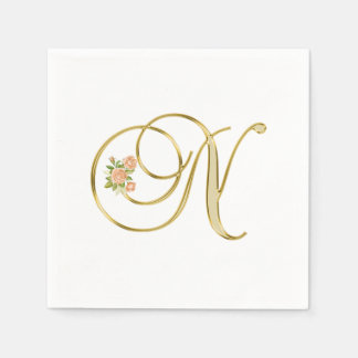 Golden Färg Blommigt Monogram Brev N Pappersservett