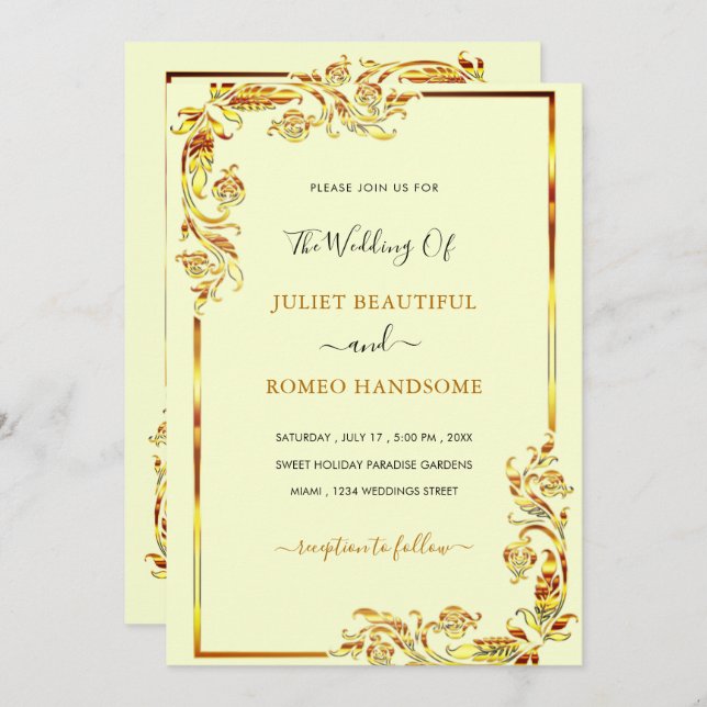 Golden Färg bröllopsinbjudan Guld Blommigt - ram (Fram/baksida)