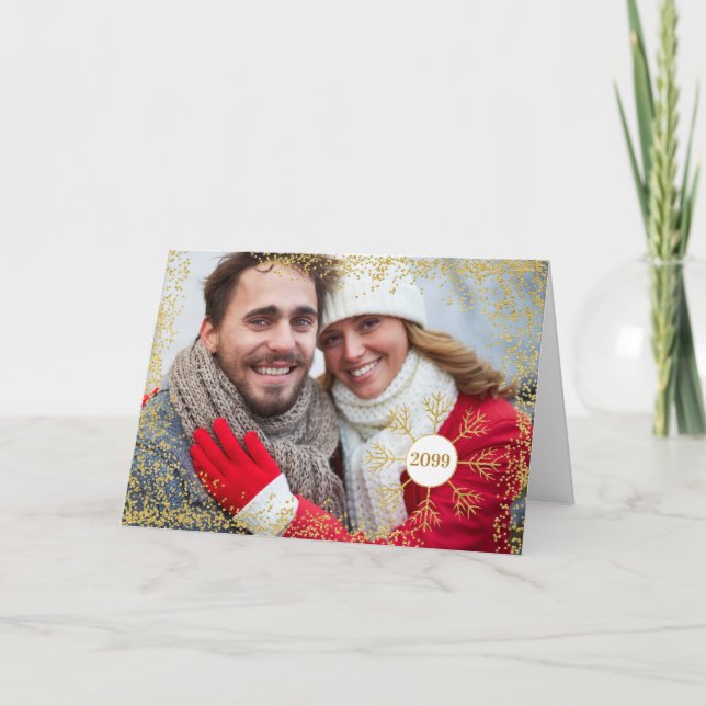 Golden Faux Glitter Snowflake-julen Photo HORZ Helgkort (Framsida)