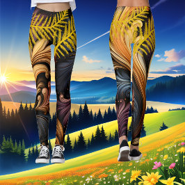Golden Feathers Abstrakt Art Vibrant Mörk Mönster Leggings