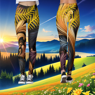 Golden Feathers Abstrakt Art Vibrant Mörk Mönster Leggings