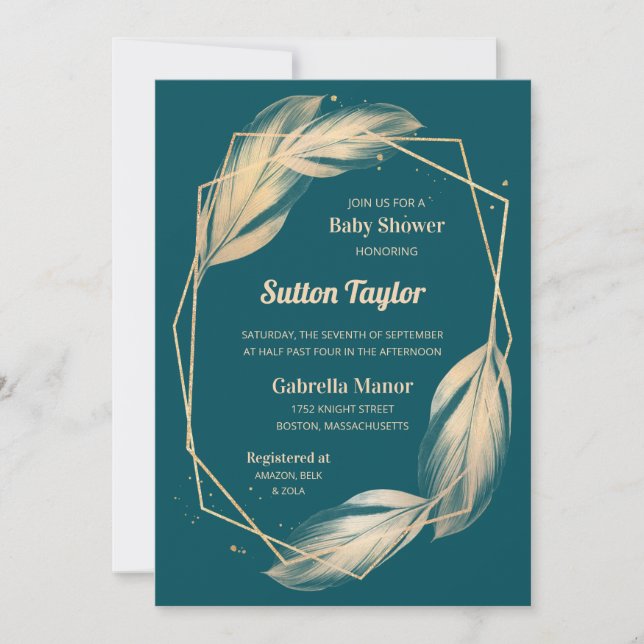 Golden Feathers on Teal Baby Shower Inbjudningar (Framsida)