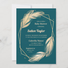 Golden Feathers on Teal Baby Shower Inbjudningar