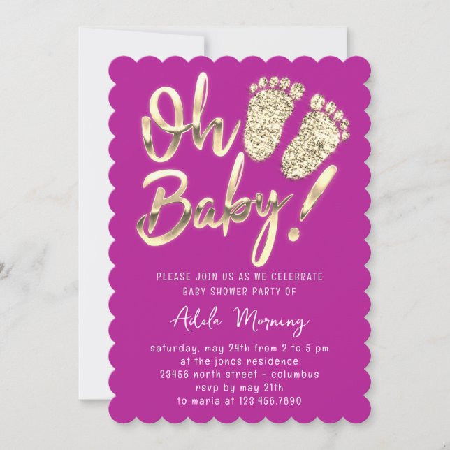 Golden Feet Flicka Boy Shower Lila Fuchsia Inbjudningar (Framsida)