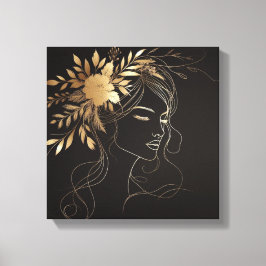 Golden Feminine Line Art Face with Floral Crown Canvastryck