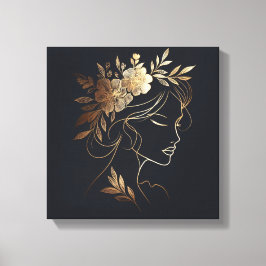 Golden Feminine Line Art Portrait with Floral Crow Canvastryck