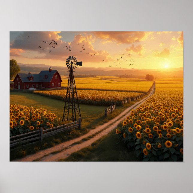 Golden Fields: Sunflowers and Serenity at Sunset Poster (Framsidan)