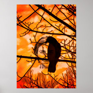 Golden Fire Raven Ansikte Poster