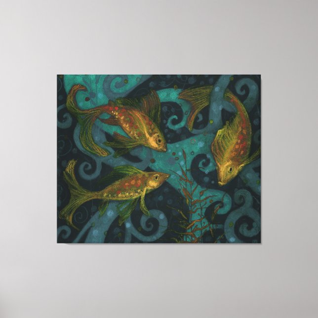 Golden Fish, Black & Teal, undervattensfisk, Kanva Canvastryck (Framsida)
