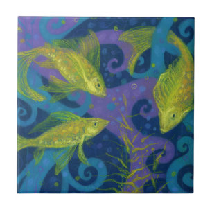 Golden Fish Fishes Vatten Animals Underwater Blue Kakelplatta