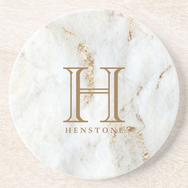 Golden Flecked White Marble Monogram Underlägg (Framsidan)