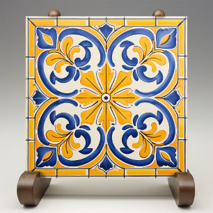 Golden Fleur-de-Lis Azulejo Print Kakelplatta