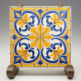 Golden Fleur-de-Lis Azulejo Print Kakelplatta