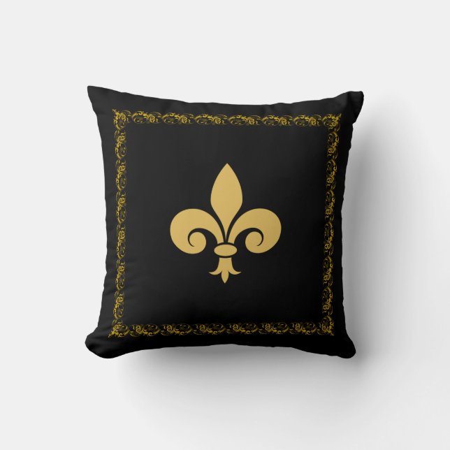 Golden Fleur de Lis med Blommigt Ram på Black Kudde (Framsida)