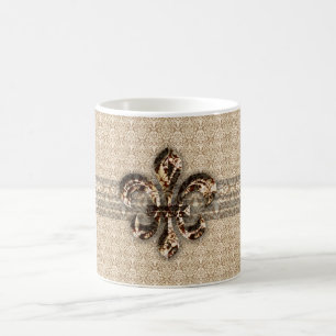 Golden Fleur De Lis med Cream Damask Pattern Kaffemugg