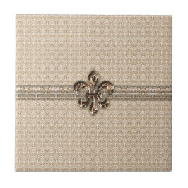 Golden Fleur De Lis med Cream Damask Pattern Kakelplatta