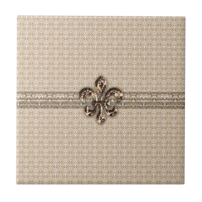 Golden Fleur De Lis med Cream Damask Pattern Kakelplatta (Framsidan)