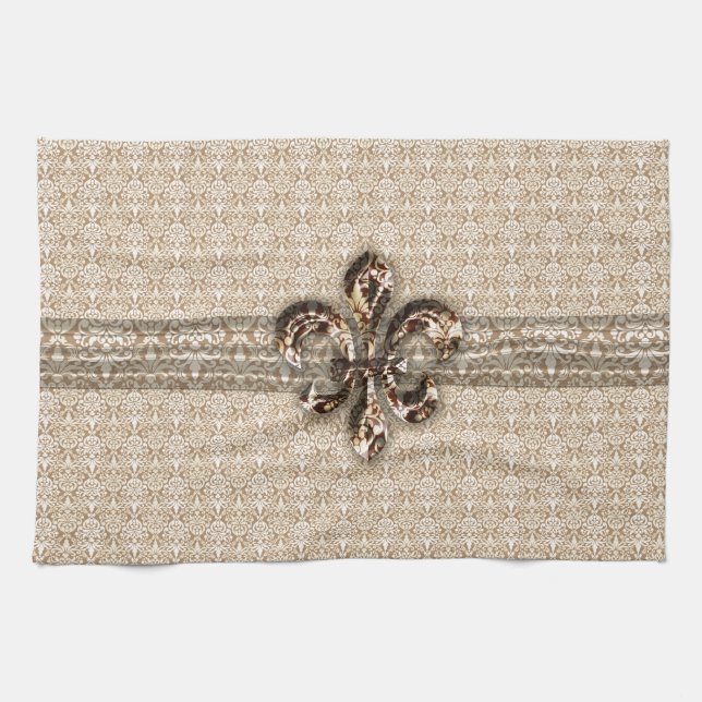 Golden Fleur De Lis med Cream Damask Pattern Kökshandduk (Horisontell)