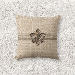 Golden Fleur De Lis med Cream Damask Pattern Kudde