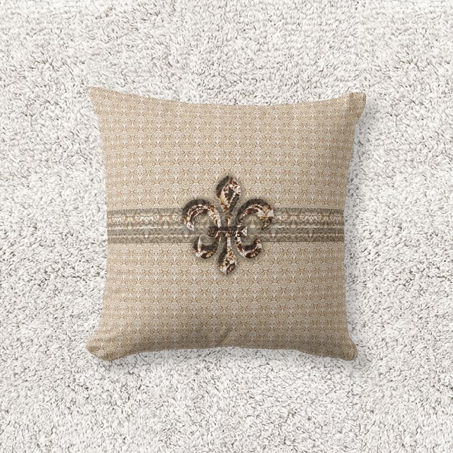 Golden Fleur De Lis med Cream Damask Pattern Kudde (Skapare uppladdad)