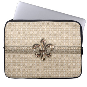 Golden Fleur De Lis med Cream Damask Pattern Laptop Sleeve