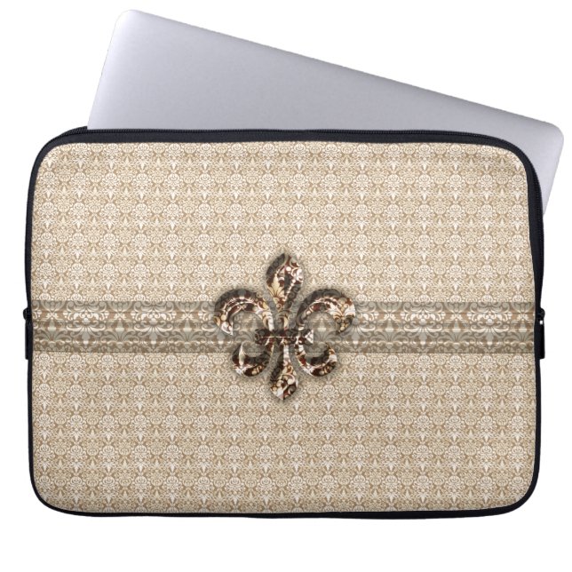 Golden Fleur De Lis med Cream Damask Pattern Laptop Sleeve (Framsidan)