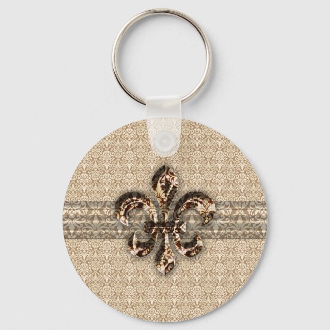 Golden Fleur De Lis med Cream Damask Pattern Nyckelring (Framsida)